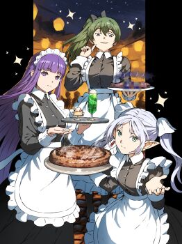 Rule 34 | 3girls, absurdres, alternate costume, apron, bow, breasts, collared shirt, cup, drink, earrings, elf, enmaided, fern (sousou no frieren), food, food focus, frieren, frilled apron, frills, green eyes, green hair, hair between eyes, hair bow, hamburger steak, highres, jewelry, lantern, long hair, maid, maid apron, maid headdress, multiple girls, night, night sky, plate, pointy ears, ponytail, purple eyes, purple hair, scenery, shirt, sky, sousou no frieren, sparkle, star (sky), starry sky, twintails, ubel (sousou no frieren), waist apron, white apron, white hair, zupakyo