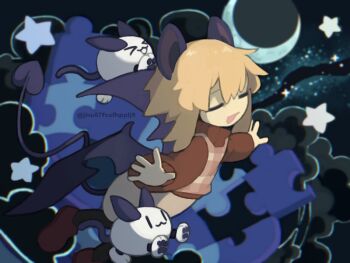 1girl :d animal_ears bat_ears bat_girl bat_tail bat_wings black_pantyhose blonde_hair brown_shoes brown_sweater closed_eyes commentary_request creature crescent_moon deformed flying grey_skirt grey_sweater_vest grey_vest moon night open_mouth outstretched_arms pantyhose plaid_clothes plaid_sweater_vest plaid_vest puzzle_piece regurusu_(nagarevosi) shoes short_hair skirt sky smile solo star_(sky) sweater sweater_vest urotsuki vest wings yume_2kki