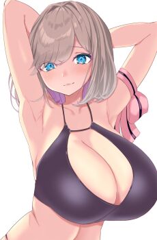 Rule 34 | 1girl, :3, arm behind head, arm ribbon, armpits, arms up, bikini, black bikini, blue eyes, blush, breasts, brown hair, closed mouth, collarbone, commentary request, commission, hair intakes, highres, huge breasts, linea alba, looking at viewer, medium hair, nankoni, nijisanji, pink ribbon, ribbon, simple background, skeb commission, skindentation, smile, solo, striped ribbon, suzuhara lulu, swept bangs, swimsuit, virtual youtuber, white background