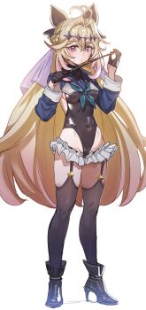 Rule 34 | 1girl, antenna hair, aqua neckerchief, backless leotard, black boots, black garter straps, black gloves, black leotard, black thighhighs, blonde hair, blue archive, blue sailor collar, blue shrug, boots, bow (bhp), braid, breasts, closed mouth, commentary, cosplay, covered navel, crossed bangs, cure arcana shadow, diamond hairband, dot mouth, frilled thigh strap, full body, garter straps, gloves, gradient hair, hair between eyes, hair intakes, half gloves, half up braid, high heels, highleg, highleg leotard, highres, holding, holding riding crop, leotard, long hair, looking at viewer, medium breasts, meitantei precure!, moria luluka, multicolored hair, neckerchief, pink eyes, precure, purple veil, revealing clothes, riding crop, sailor collar, shimiko (blue archive), shimiko (blue archive) (cosplay), shimiko (magical) (blue archive), shrug (clothing), simple background, skin tight, solo, standing, sweatdrop, thigh strap, thighhighs, veil, very long hair, white background