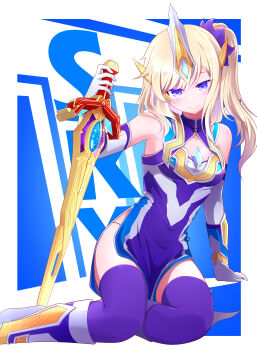 Rule 34 | 1girl, absurdres, arm guards, arm support, bare shoulders, blonde hair, blue background, boots, border, breasts, china dress, chinese clothes, chinese commentary, cleavage, cleavage cutout, closed mouth, clothing cutout, color timer, commentary, crystal, dress, elbow gloves, foot out of frame, forehead jewel, genderswap, genderswap (mtf), ginga no kou, gloves, hair ornament, headgear, highres, holding, holding sword, holding weapon, humanization, long hair, looking at viewer, medium breasts, mixed-language commentary, multicolored dress, outside border, pelvic curtain, ponytail, purple dress, purple eyes, purple thighhighs, side ponytail, side slit, silver boots, silver gloves, sitting, sleeveless, sleeveless dress, smile, swept bangs, sword, thighhighs, tokusatsu, ultra dual sword, ultra series, ultraman trigger, ultraman trigger (series), ultraman trigger (sky type), very long hair, weapon, yokozuwari