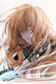 1girl black_shirt brown_hair collared_shirt hair_between_eyes hayu_beck highres looking_at_viewer omniscient_reader&#039;s_viewpoint orange_eyes parted_lips puppet_strings serious shirt short_hair solo upper_body yoo_sangah