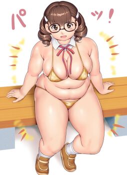 1girl arm_support bikini blush breasts brown_eyes brown_hair brown_shoes character_request cleavage commentary_request copyright_request covered_erect_nipples detached_collar drill_hair fat fat_rolls fat_woman full_body fupa gold_bikini hair_between_eyes hair_ornament hairclip highres kurowa-san_(orizen) large_breasts looking_at_viewer medium_hair muffin_top navel neck_ribbon open_mouth orizen ribbon shadow shoes simple_background sitting skindentation socks solo string_bikini swimsuit tareme thick_arms thick_thighs thighs translation_request twin_drills white_background wing_collar yellow_bikini