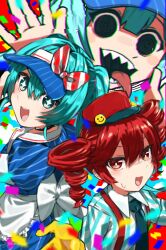 Rule 34 | 2girls, @ @, apron, aqua eyes, aqua hair, black eyes, black necktie, blue dress, bow, bright pupils, collared shirt, commentary request, diagonal-striped bow, dress, drill hair, ga-chan24, gloves, hair between eyes, hat, hatsune miku, highres, kasane teto, long hair, mesmerizer (vocaloid), multiple girls, necktie, open mouth, puffy short sleeves, puffy sleeves, red eyes, red hair, red hat, sharp teeth, shirt, short sleeves, smile, sparkling eyes, striped clothes, striped dress, striped shirt, suspenders, sweat, teeth, tongue, tongue out, twin drills, twintails, utau, v-shaped eyebrows, vertical-striped clothes, vertical-striped dress, vertical-striped shirt, visor cap, vocaloid, waist apron, waitress, white apron, white pupils, white shirt, yellow gloves