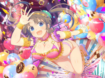 1girl arabian_clothes artist_request balloon blue_eyes breasts brown_hair candy confetti donut fang feather_hair_ornament floating food gold hair_ornament heart_o-ring high_heels large_breasts light_blush marvelous minori_(senran_kagura) official_art open_mouth senran_kagura smile twintails