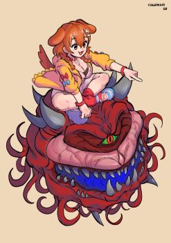 1girl absurdres animal_ears bone_hair_ornament braid breasts brown_eyes brown_hair cacodemon cleavage cleavage_cutout clothing_cutout collar cyclops demon dog_ears dog_girl dog_tail doom_(series) green_eyes hair_ornament highres hololive horns indian_style inugami_korone inugami_korone_(1st_costume) jacket kolomari low_twin_braids monster one-eyed open_mouth pointing riding sharp_teeth simple_background sitting smile socks spikes tail teeth twin_braids virtual_youtuber