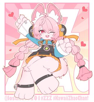 1girl ahoge animal_ear_fluff animal_ear_piercing animal_ears animal_feet anklet arm_up black_panties blush border braid braided_twintails bright_pupils character_name commentary_request copyright_name furry furry_female green_shirt hashtag heart highres jewelry long_hair looking_at_viewer one_eye_closed open_mouth panties pink_background pink_fur pink_hair rabbit_ears rabbit_girl rabbit_tail red_eyes rosu_(lostlose5261) screw shirt short_eyebrows solo tail teeth thick_eyebrows underwear upper_teeth_only white_border white_pupils zenless_zone_zero zhao_(zenless_zone_zero)
