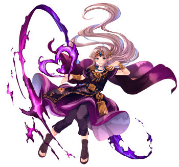 1girl absurdres asada_sadao belt blue_gemstone braid brown_hair brown_sandals circlet commentary_request crown_braid dress fire floating_hair full_body gem green_eyes grin highres long_hair nintendo official_alternate_color pants pants_under_dress pink_hair pointy_ears princess princess_zelda purple_dress purple_fire purple_pants sandals simple_background smile solo super_smash_bros. the_legend_of_zelda the_legend_of_zelda:_a_link_between_worlds very_long_hair white_background
