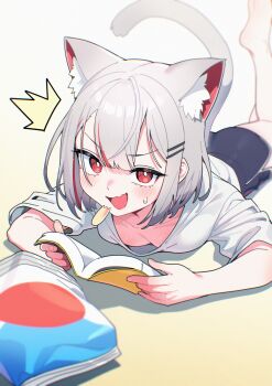 1girl absurdres animal_ears bag_of_chips barefoot black_shorts book breasts cat_ears cat_girl cat_tail chips_(food) commentary dolphin_shorts downblouse english_commentary extra_ears fang food grey_hair highres holding holding_book looking_at_viewer lying multicolored_hair neneko_mashiro nervous_smile on_stomach open_mouth potato_chips red_hair sake_goroke shirt short_hair short_sleeves shorts skin_fang smile stellive streaked_hair surprised tail virtual_youtuber white_shirt