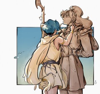1girl armlet armor bishoujo_senshi_sailor_moon bracelet from_behind gold_bracelet highres holding holding_staff hood hood_down jewelry kino_makoto mercuri0ff mizuno_ami muscular muscular_female robe sailor_jupiter sailor_mercury sash shoulder_armor solo staff statue white_robe