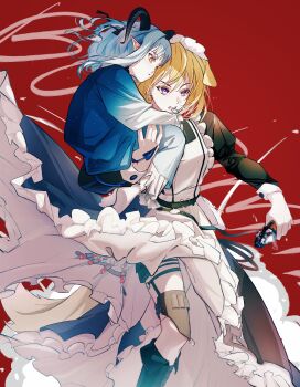 Rule 34 | 2girls, absurdres, animal ears, arknights, bang dream!, bang dream! it's mygo!!!!!, black boots, black hair, blonde hair, blue eyes, blue hair, boots, carrying, carrying person, chinese commentary, commentary request, dog ears, dog girl, dog tail, explosive, grenade, grenade pin in mouth, hero45439083942, highres, holding, holding grenade, horns, juliet sleeves, long hair, long sleeves, misumi uika, misumi uika (caged singer), misumi uika (perro), multiple girls, pointy ears, puffy sleeves, purple eyes, red background, sidelocks, simple background, tail, thigh strap, togawa sakiko, togawa sakiko (master of melodia), yellow eyes