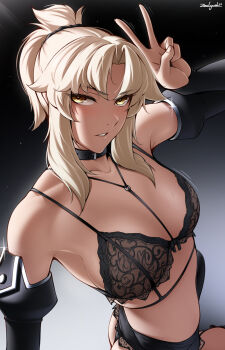 1girl alternate_breast_size alternate_costume artist_name backlighting black_bra black_panties black_scrunchie blonde_hair bra collar collarbone detached_sleeves fate/grand_order fate_(series) g-string gradient_background halterneck highres looking_at_viewer mordred_(fate) panties ponytail scrunchie sidelocks thong tsurime twisted_torso underwear v yellow_eyes zealyush
