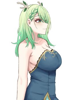 Rule 34 | 1girl, absurdres, bare shoulders, braid, breasts, ceres fauna, collarbone, commentary, dress, from side, gradient hair, green dress, green eyes, green hair, highres, hololive, hololive english, horns, large breasts, leaf, multicolored hair, niwasa izuna, simple background, sleeveless, sleeveless dress, virtual youtuber