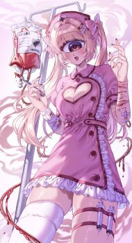 1girl absurdres azen_(mntimcczgrtn) bandaged_arm bandages bandaid bandaid_hair_ornament bleeding blonde_hair blood blood_bag breasts buttons cleavage_cutout clothing_cutout cross cuts cyclops dress frills hair_ornament hair_ribbon hat heart_cutout highres holding holding_scalpel injury iv_stand long_hair looking_at_viewer monster_girl nail_polish nurse nurse_cap one-eyed open_mouth original pink_dress pink_ribbon red_cross ribbon scalpel self-harm simple_background single_thighhigh smile standing syringe thighhighs thighs twintails very_long_hair white_thighhighs wrist_cutting yami_kawaii