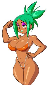 Rule 34 | 1girl, alternate costume, bikini, breasts, cerebella (skullgirls), dark-skinned female, dark skin, eyeshadow, green hair, green lips, grey eyes, hand on own hip, large breasts, lipstick, makeup, malofantastic, missing headwear, navel, ponytail, skullgirls, solo, swimsuit
