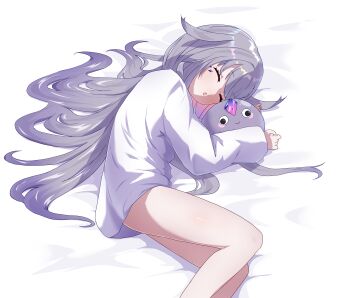 Rule 34 | 1girl, absurdres, alternate costume, banteu, closed eyes, commentary request, highres, hololive, hololive english, hug, jewel under eye, koseki bijou, long hair, long sleeves, open mouth, oversized clothes, pebble (koseki bijou), sleeping, virtual youtuber