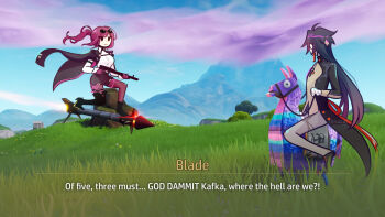 1boy 1girl :3 artist_name bandaged_hand bandages black_hair blade_(honkai:_star_rail) blue_sky commentary english_commentary english_text fortnite full_body game_screenshot_background glasses gloves highres holding holding_weapon honkai:_star_rail honkai_(series) jitome kafka_(honkai:_star_rail) long_hair looking_at_another missile mountainous_horizon outdoors pinata pince-nez profanity purple_gloves purple_hair ricsucat round_eyewear screenshot_background sky subtitled sunglasses supply_llama_(fortnite) weapon