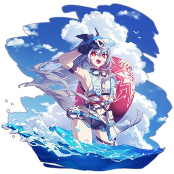 1girl :d absurdres armpits black_gloves blue_sky chinese_commentary cloud commentary_request fingerless_gloves gloves goggles goggles_around_neck grey_hair hair_between_eyes herrscher_of_sentience herrscher_of_sentience_(ooh!_summer!) high_ponytail highres holding holding_swim_ring honkai_(series) honkai_impact_3rd innertube long_hair open_mouth ponytail red_eyes sky smile solo swim_ring very_long_hair visor_cap wading water yellow_pupils zhaonan