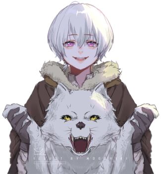 Rule 34 | 1boy, animal, brown coat, coat, double-parted bangs, fumetsu no anata e, fur-trimmed coat, fur trim, gloves, grey gloves, hair between eyes, hashtag-only commentary, highres, joan (fumetsu no anata e), looking at viewer, male focus, mooshiki, open mouth, pink eyes, sharp teeth, short hair, simple background, smile, straight-on, teeth, the nameless boy (fumetsu no anata e), white background, white hair, white wolf, wolf, yellow eyes