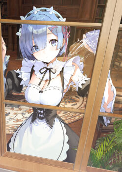 1girl apron black_dress blue_eyes blue_hair bowl_cut breasts chinese_commentary cleaning cleavage commentary_request dress highres indoors large_breasts maid maid_apron maid_headdress re:zero_kara_hajimeru_isekai_seikatsu rem_(re:zero) shiliu_xian_xian_xian short_hair solo white_apron window