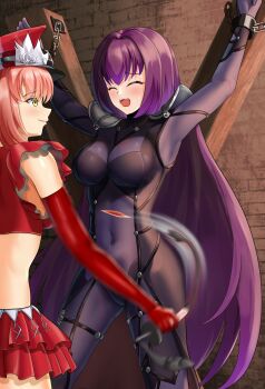 2girls bdsm bodysuit bondage bound breasts closed_eyes covered_navel dorachan_r elbow_gloves fate/grand_order fate_(series) femdom gloves hair_intakes hat highres holding holding_riding_crop large_breasts long_hair medb_(alluring_chief_warden_look)_(fate) medb_(fate) multiple_girls peaked_cap pink_hair purple_bodysuit purple_hair red_gloves red_headwear restrained riding_crop ryona scathach_(fate) spread_eagle_position stationary_restraints yellow_eyes
