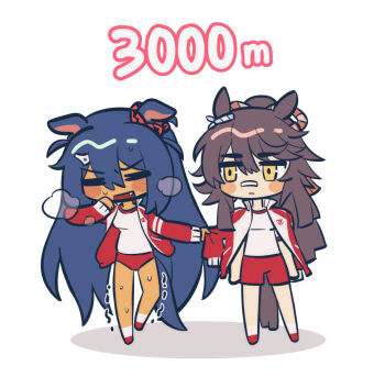 2girls =_= absurdly_long_hair animal_ears ankle_socks bandaid bandaid_on_face bandaid_on_nose bare_legs black_hair blush_stickers brown_hair chibi closed_mouth clothes_grab collared_jacket commentary_request crest dark-skinned_female dark_skin ear_ornament ear_scrunchie ears_down exhausted expressionless fang furrowed_brow gym_shorts hair_between_eyes hair_ornament hairclip heavy_breathing high_collar highres hishi_amazon_(umamusume) horse_ears horse_girl horse_tail hwipa_(param_blue) jacket jacket_on_shoulders jitome korean_commentary light_frown long_hair long_sleeves looking_at_another messy_hair multicolored_jacket multiple_girls narita_brian_(umamusume) open_clothes open_jacket open_mouth ponytail red_jacket red_scrunchie red_shoes red_shorts rope scrunchie shadow shimenawa shirt shoes shorts simple_background sleeve_grab smile socks sportswear standing striped_clothes striped_scrunchie sweat tail tracen_training_uniform track_jacket trembling two-tone_jacket umamusume very_long_hair white_background white_jacket white_shirt white_socks wiping_sweat yellow_eyes