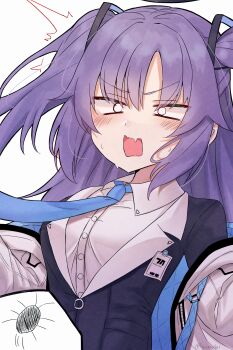 1girl ^^^ absurdres black_jacket blue_archive blue_necktie blush coat collared_shirt cross-eyed fang flying_button highres jacket katsukare long_hair millennium_science_school_logo necktie off_shoulder popped_button purple_hair shirt simple_background skin_fang solid_circle_pupils solo surprised sweat two-sided_coat two-sided_fabric two_side_up upper_body v-shaped_eyebrows wardrobe_malfunction white_background white_coat white_shirt yuuka_(blue_archive)