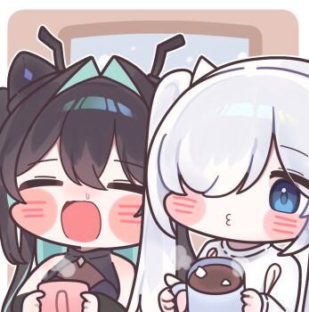 2girls =_= aqua_hair armpit_cutout black_hair blue_eyes blush bodysuit bun_cover chibi cinderella_(nikke) clothing_cutout colored_inner_hair commentary_request cup double-parted_bangs food goddess_of_victory:_nikke hair_over_one_eye halterneck hands_up holding holding_cup hot_chocolate korean_commentary little_mermaid_(nikke) long_hair marshmallow mixed-language_commentary mming_(mmingis18) mug multicolored_hair multiple_girls o3o old_tales_(nikke) open_mouth radio_antenna twintails upper_body white_hair window