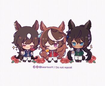 3girls animal_ears bearloaff bird black_hair blue_eyes blue_jacket blush bow breasts brown_hair chibi chibi_only closed_eyes closed_mouth cup dark-skinned_female dark_skin drinking_glass ear_ornament earrings flower green_jacket hair_between_eyes hair_ornament highres holding holding_flower horse_ears horse_girl horse_tail jacket jewelry long_hair long_sleeves looking_at_viewer multicolored_hair multiple_girls official_alternate_costume one_eye_closed pants purple_eyes red_flower red_jacket red_rose rose shirt shoes simple_background single_earring sirius_symboli_(umamusume) smile star_(symbol) streaked_hair symboli_kris_s_(umamusume) symboli_rudolf_(umamusume) tail twintails umamusume umayuru very_long_hair white_hair white_pants