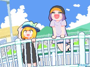 Rule 34 | 2girls, :d, against railing, animated, animated gif, black shirt, blonde hair, bow, cat, cloud, day, grey shirt, hand up, hat, hat bow, kawawagi, multiple girls, open mouth, outdoors, pixel art, purple hair, railing, shirt, shorts, smile, t-shirt, wind