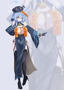 1girl absurdres ako_(blue_archive) alternate_costume bell black_garter_straps black_hat black_shoes black_thighhighs blue_archive blue_dress blue_eyes blue_gloves blue_hair blue_halo blush breasts cuffs detached_sleeves dress garter_straps gloves hair_between_eyes halo hand_in_own_hair hat highres jiangshi large_breasts long_hair long_sleeves looking_at_viewer neck_bell ofuda ofuda_on_head ofuda_on_nipples open_mouth pasties pelvic_curtain shackles shoes sidelocks so-ko solo stitched_face stitches thighhighs zoom_layer