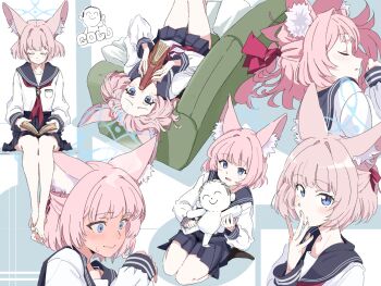 Rule 34 | 1boy, 1girl, animal ear fluff, animal ears, barefoot, blue archive, blue eyes, blue halo, blue sailor collar, blue skirt, blush, book, bra strap, character doll, closed eyes, commentary, couch, doll, doodle sensei (blue archive), food, food on face, fox ears, fox girl, full-face blush, hair ribbon, hair spread out, half updo, halo, highres, holding, holding book, holding stuffed toy, licking, licking finger, long sleeves, lying, minami linli, multiple views, neckerchief, niko (blue archive), on back, on couch, on side, pink hair, reading, red neckerchief, red ribbon, ribbon, rice, rice on face, sailor collar, school uniform, seiza, sensei (blue archive), serafuku, shirt, short hair, sitting, skirt, sleeping, stuffed animal, stuffed toy, sweatdrop, wavy mouth, white shirt