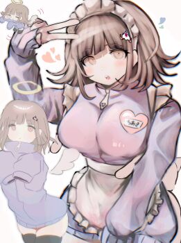 1girl :o apron blush breasts danganronpa_(series) danganronpa_2:_goodbye_despair hair_ornament highres ikemen&#039;na_ore-shi large_breasts maid_headdress medium_hair nanami_chiaki pink_sweater sleeves_past_wrists sweater v waist_apron