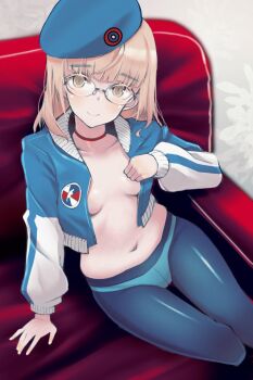 1girl alternate_costume armchair blonde_hair blue_jacket blue_pantyhose blush breasts chair choker commentary_request glasses hat jacket long_hair looking_at_viewer marzy_dog navel open_clothes panties panties_under_pantyhose pantyhose perrine_h._clostermann red_choker sitting small_breasts smile solo strike_witches underwear world_witches_series yellow_eyes