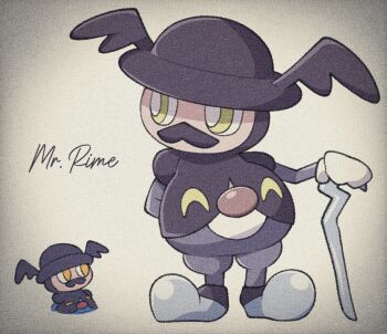 alternate_color arm_behind_back bright_pupils cane character_name commentary_request cropped_torso facial_hair full_body gen_8_pokemon holding holding_cane katanagi1129 mr._rime multiple_views mustache nintendo pokemon pokemon_(creature) pokemon_focus shiny_pokemon simple_background solo standing white_background white_pupils yellow_eyes