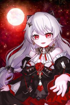 1girl bare_shoulders bat_hair_ornament black_bow black_dress bow breasts cleavage commentary_request detached_sleeves dress earrings hair_bow hair_ornament highres honkai_(series) honkai_impact_3rd jewelry korean_commentary large_breasts long_hair looking_at_viewer luna_(honkai_impact) offering_hand open_mouth red_eyes red_skirt saewon skirt smile solo upper_body white_hair