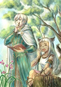 1boy 1girl absurdres animal_ears book commentary dark-skinned_female dark_skin ease1219 english_commentary flower highres holding holding_book holding_pen long_hair ochette_(octopath_traveler) octopath_traveler octopath_traveler_ii on_tree_stump outdoors pen pink_flower short_hair sitting standing temenos_mistral tree white_hair yawning