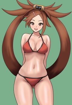 Rule 34 | 1girl, arms behind back, bikini, blush, bojack198, breasts, brown eyes, brown hair, gluteal fold, green background, guilty gear, hair rings, highres, kuradoberi jam, long hair, looking at viewer, medium breasts, navel, open mouth, red bikini, single hair ring, smile, solo, stomach, swimsuit, teeth, upper teeth only