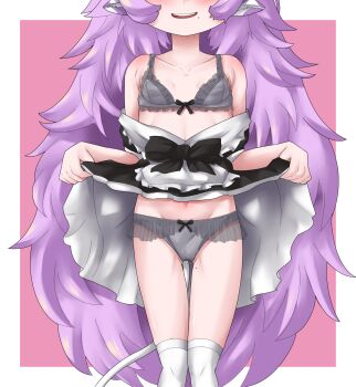 1girl animal_ears bare_shoulders blush bow bow_panties bra clothes_lift collarbone cow_ears cow_tail cowboy_shot dress dress_lift equus_ignis flashing flipped_hair grey_bra grey_panties groin head_out_of_frame highres kneehighs lifting_own_clothes loli long_hair maid mole mole_on_thigh mole_under_mouth multiple_moles muu_muyu navel_peek panties phase_connect purple_hair simple_background smile socks solo straight-on tail teeth thigh_gap underwear upper_teeth_only very_long_hair virtual_youtuber