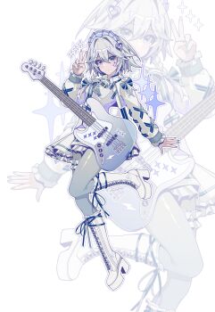 Rule 34 | 1girl, absurdres, alternate costume, blue nails, blush, boots, bow, bowtie, braid, brooch, chinese commentary, closed mouth, commentary request, dress, frilled thigh strap, green bow, green bowtie, green nails, grey hair, grey pantyhose, guitar, hair bow, hair ornament, heart, heart hair ornament, high heel boots, high heels, highres, instrument, izayoi sakuya, jewelry, lace-up boots, leg up, long hair, looking at viewer, maid headdress, outline, pantyhose, purple eyes, senjouhara nira, smile, thigh strap, touhou, twin braids, v, white boots, white dress, white outline, zoom layer