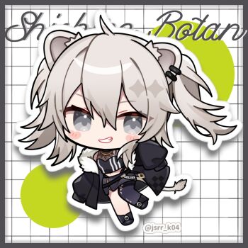 1girl animal_ears black_jacket black_shirt black_skirt blush_stickers border character_name chibi chibi_only crop_top cropped_shirt double-parted_bangs drop_shadow full_body grey_border grey_eyes grey_hair grid_background grin hair_between_eyes hashtag-only_commentary highres hololive jacket kashiwase_karune lion_ears lion_girl lion_tail long_hair long_sleeves looking_at_viewer midriff navel open_clothes open_jacket outline shirt shishiro_botan shishiro_botan_(1st_costume) single_leg_pantyhose skirt sleeves_past_fingers sleeves_past_wrists smile solo tail twintails twitter_username virtual_youtuber white_background white_outline