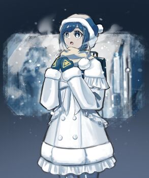 Rule 34 | 1girl, :o, alternate costume, blue eyes, blue hair, blue theme, breath, coat, commentary request, eye of providence, fukurai azami, hands up, hat, highres, lambda (asenbeam), long sleeves, mittens, open mouth, pom pom (clothes), scarf, short hair, snowing, solo, standing, toshi densetsu kaitai center, white coat, winter clothes