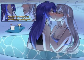 2girls bikini black_bikini blue_bikini blush breasts bronya_rand cleavage closed_eyes cocktail_glass cocktail_umbrella coffee_mug commentary cup drinking_glass english_commentary english_text ftersdr grey_hair highres honkai:_star_rail honkai_(series) hot_tub kiss long_hair mug multiple_girls partially_submerged purple_hair seele_(honkai:_star_rail) swimsuit yuri