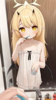 1girl absurdres black_horns black_tail black_wings blonde_hair blue_archive commentary comodox demon_horns demon_tail demon_wings english_commentary halo highres holding horns huge_filesize ibuki_(blue_archive) long_hair looking_at_viewer paid_reward_available pointy_ears tail toothbrush variant_set wings yellow_eyes