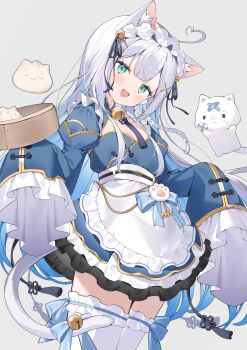 1girl :3 :d absurdres animal_ear_fluff animal_ears apron bell blue_dress blunt_bangs blush breasts cat_ears cat_girl cat_tail cleavage commentary commission cowboy_shot dress fang food frilled_apron frilled_dress frilled_sleeves frilled_thighhighs frills green_eyes grey_background grey_hair hairband highres indie_virtual_youtuber inuyayo jingle_bell juliet_sleeves long_hair long_sleeves looking_at_viewer medium_breasts neck_bell open_mouth puffy_sleeves shiromi_(vtuber) simple_background skeb_commission sleeves_past_fingers sleeves_past_wrists smile solo steamed_bun tail thighhighs virtual_youtuber waist_apron white_apron white_hairband white_thighhighs wide_sleeves