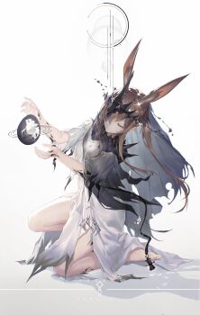 1girl absurdres amiya_(arknights) amiya_(demon_king)_(arknights) animal_ears arknights barefoot brown_hair civilight_eterna closed_eyes cracked_egg crown extra_ears floating_crown grey_veil highres kneeling long_hair material_growth oripathy_lesion_(arknights) rabbit_ears solo styx_mo_yu torn_clothes veil