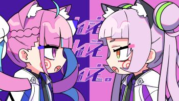 2girls @_(symbol) ahoge animal_ear_fluff animal_ears black_shirt blue_necktie braid cat_ears commentary_request double_bun extra_ears hair_bun hair_ornament highres hololive jacket long_hair looking_at_another minato_aqua multiple_girls murasaki_shion necktie nee_nee_nee._(vocaloid) official_art open_clothes open_jacket open_mouth orange_eyes oshiruko_(oshiruco_212048) purple_eyes purple_hair purple_necktie second-party_source shirt song_name twintails virtual_youtuber vocaloid