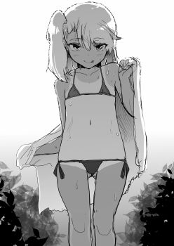 1girl :q bikini breasts child chloe_von_einzbern dark-skinned_female dark_skin eightman fate/kaleid_liner_prisma_illya fate_(series) flat_chest gluteal_fold greyscale half_updo highres jungle light_blush light_smile micro_bikini monochrome nature navel outdoors pear-shaped_figure side-tie_bikini_bottom small_breasts solo swimsuit tan tanline tongue tongue_out towel wet