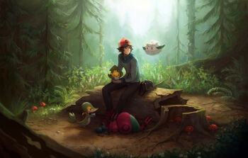 1boy bag baseball_cap black_pants blue_jacket brown_eyes brown_hair commentary cottonee day eating forest gen_5_pokemon grass grin hat highres hilbert_(pokemon) holding holding_poke_ball jacket kazuko_(towa) looking_to_the_side male_focus mushroom nature nintendo outdoors pants poke_ball poke_ball_(basic) pokemon pokemon_(creature) pokemon_bw red_footwear red_headwear sewaddle shoes short_hair sitting smile snivy teeth tree unworn_bag venipede zipper zipper_pull_tab