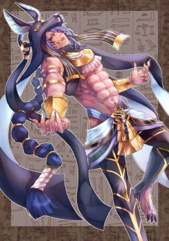 1boy abs absurdres ancient_egyptian ancient_egyptian_clothes animal_head anubis_(shuumatsu_no_valkyrie) armlet braid chin_piercing collarbone dark-skinned_male dark_skin face_piercing fangs fingernails foot_out_of_frame full_body golden_armlet helmet hieroglyphics hieroglyphs highres jackal_boy jewelry long_hair looking_at_viewer male_focus muscular muscular_male open_mouth pectorals piercing purple_eyes purple_hair saliva saliva_trail sharp_fingernails sharp_toenails shuumatsu_no_valkyrie silver_armlet solo tagme toenails toned toned_male tongue tongue_out tongue_piercing usekh_collar